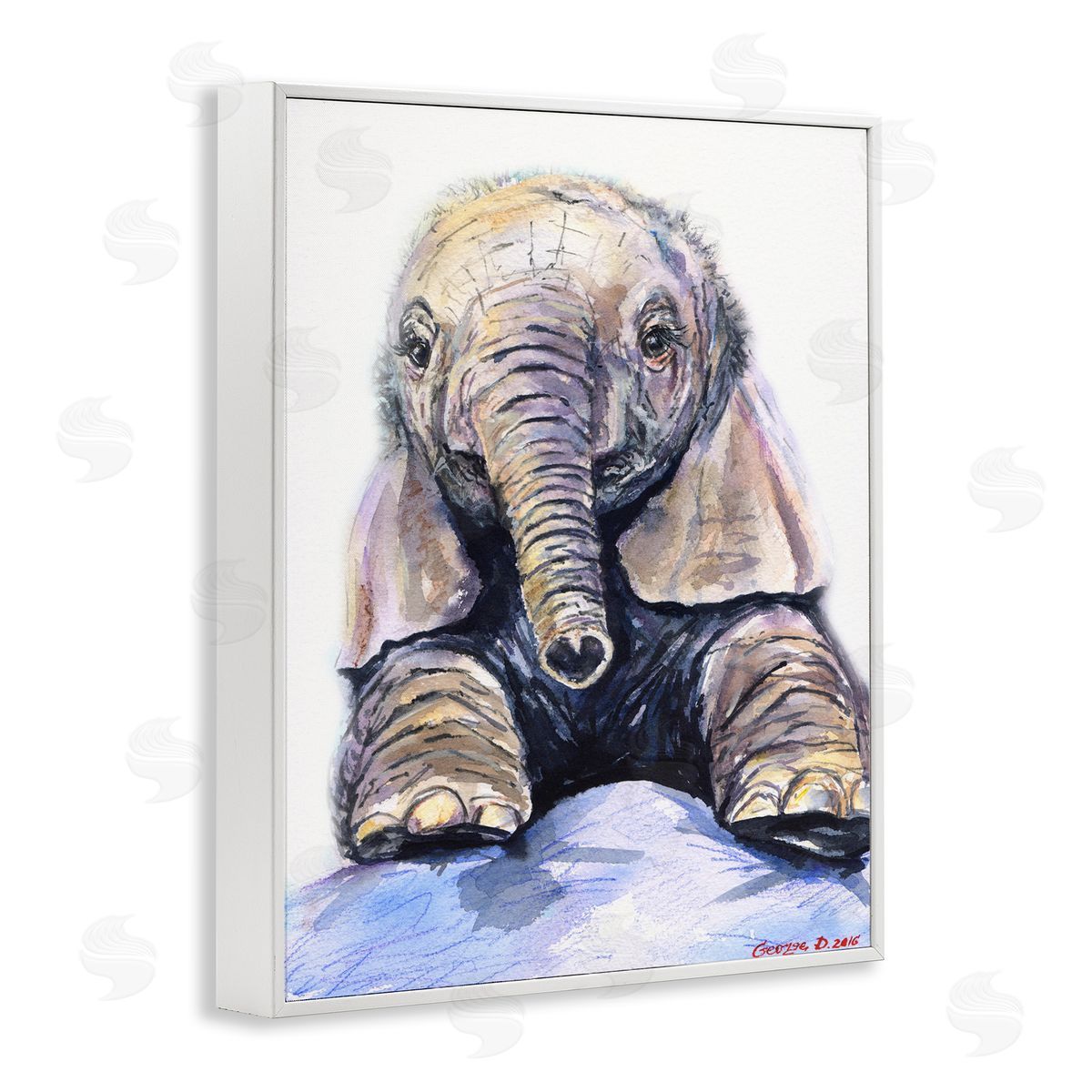 George Dyachenko Baby Elephant Small Trunk Adorable Safari Animal White Framed Giclee Wall Art