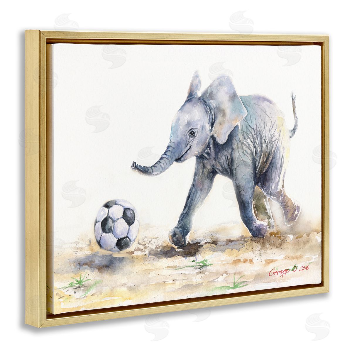 George Dyachenko Elephant Baby Playing Soccer Adorable Jungle Animal Gold Floater Frame Canvas Art
