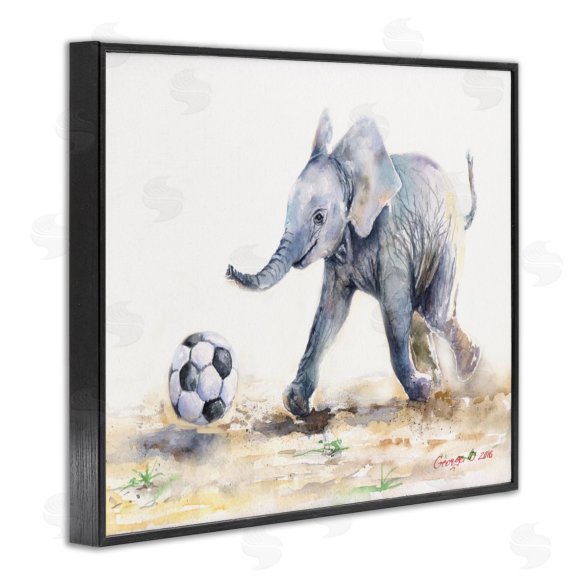 George Dyachenko Elephant Baby Playing Soccer Adorable Jungle Animal Black Framed Giclee Wall Art