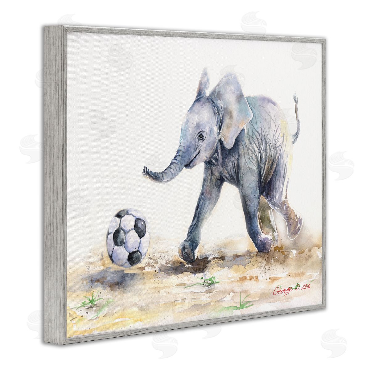 George Dyachenko Elephant Baby Playing Soccer Adorable Jungle Animal Gray Framed Giclee Wall Art