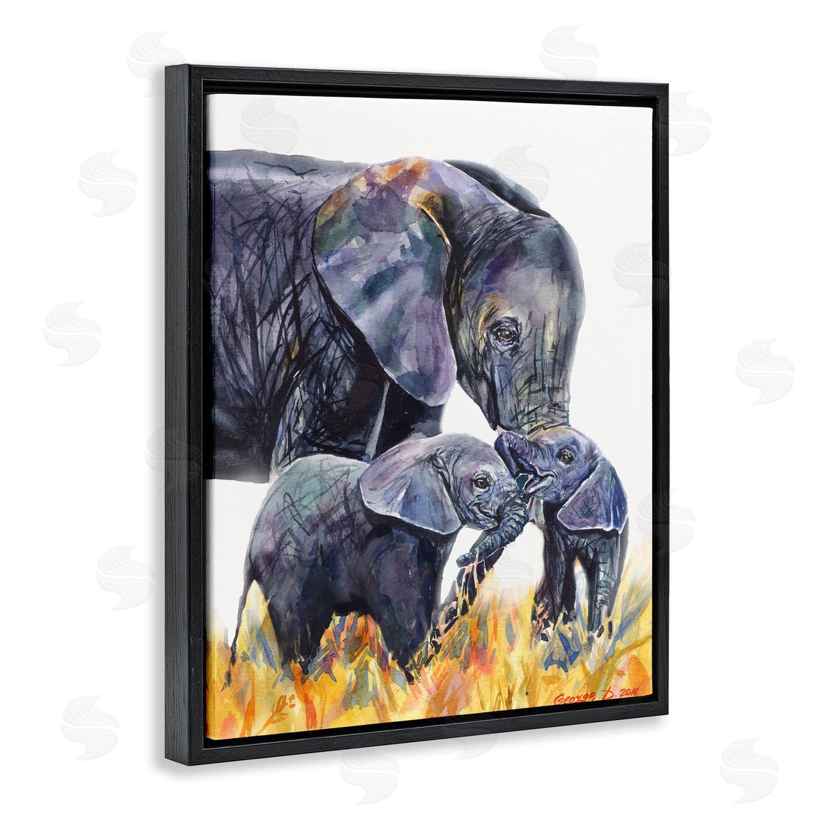 George Dyachenko Elephant Family in Tall Yellow Grass Safari Animals Black Floater Frame Canvas Art