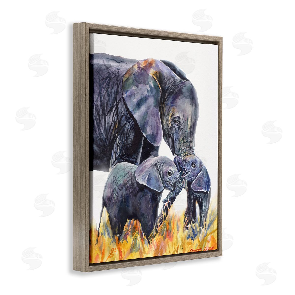 George Dyachenko Elephant Family in Tall Yellow Grass Safari Animals Brown Floater Frame Canvas Art