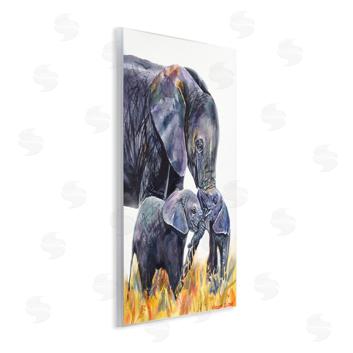 George Dyachenko Elephant Family in Tall Yellow Grass Safari Animals Wall Plaque Art