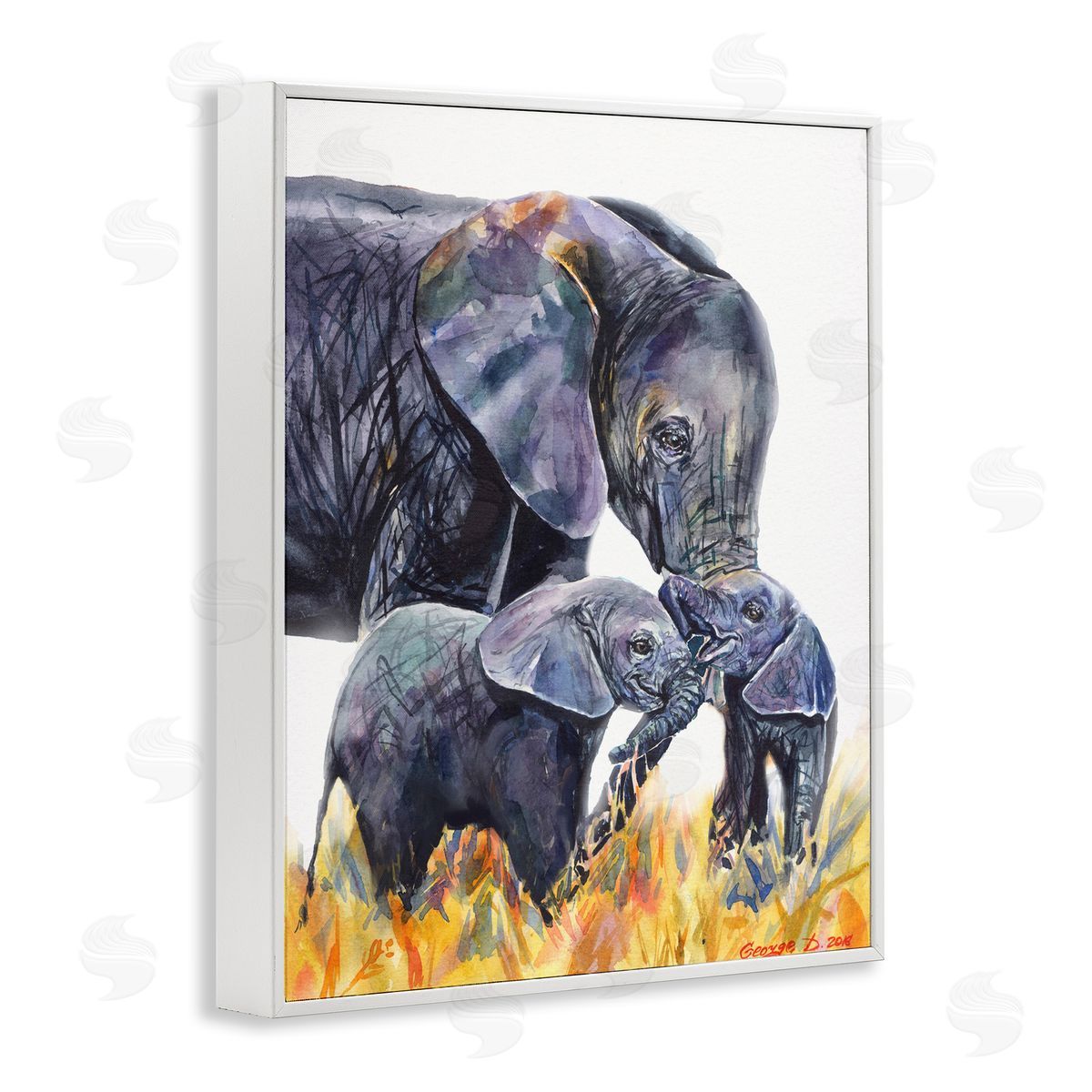 George Dyachenko Elephant Family in Tall Yellow Grass Safari Animals White Framed Giclee Wall Art