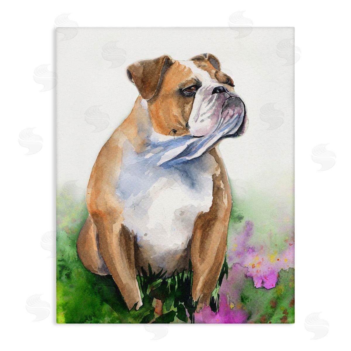 George Dyachenko English Bulldog Grassy Florals Soft Watercolor Portrait Canvas Wall Art