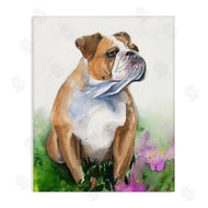 George Dyachenko | English Bulldog Grassy Florals Soft Watercolor Portrait