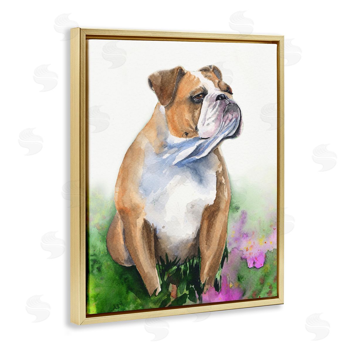 George Dyachenko English Bulldog Grassy Florals Soft Watercolor Portrait Gold Floater Frame Canvas Art