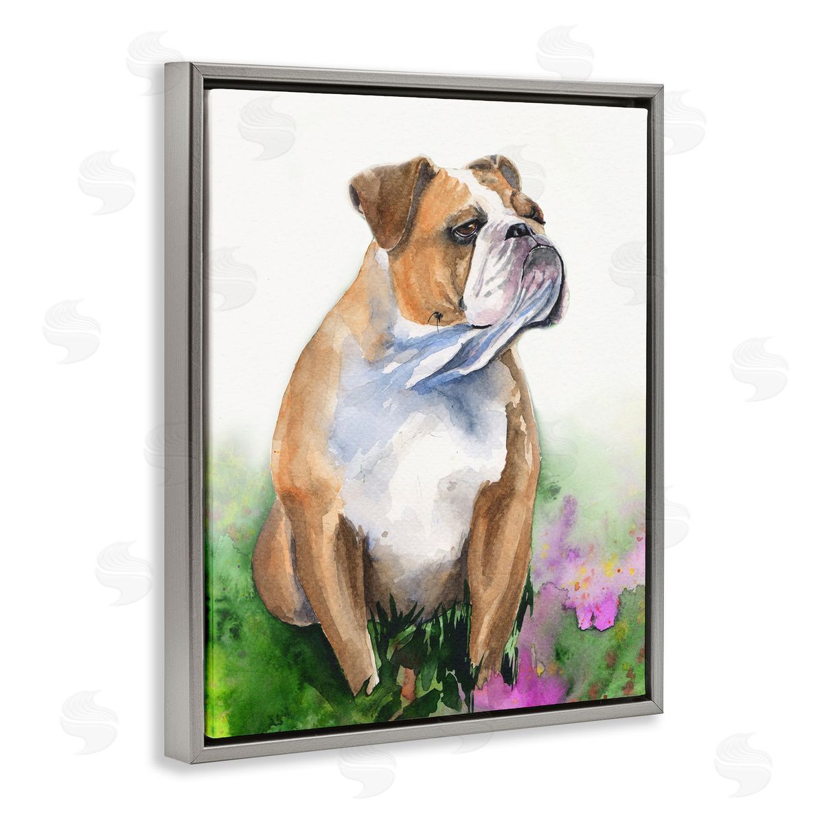 George Dyachenko English Bulldog Grassy Florals Soft Watercolor Portrait Gray Floater Frame Canvas Art