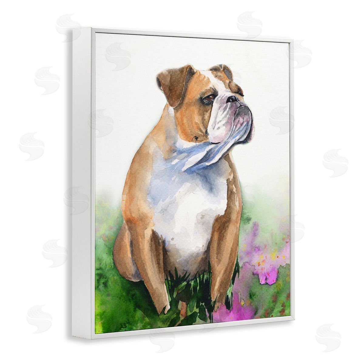George Dyachenko English Bulldog Grassy Florals Soft Watercolor Portrait White Framed Giclee Wall Art