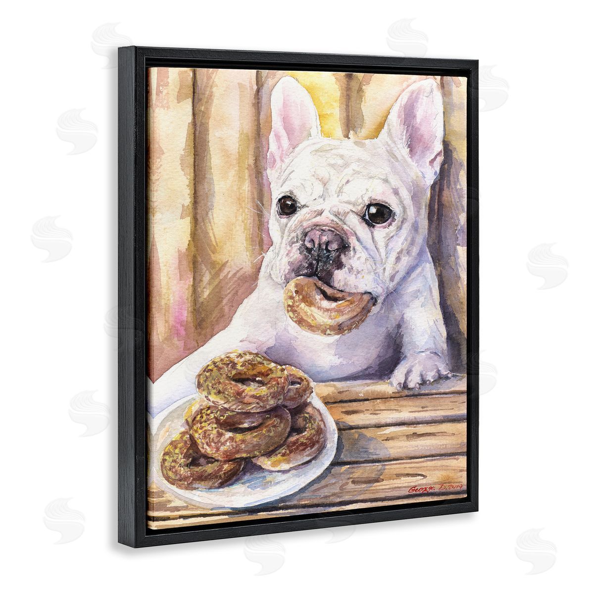 George Dyachenko French Bulldog with Donuts Dessert Pet Dog Black Floater Frame Canvas Art