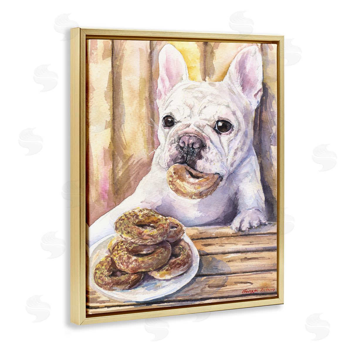 George Dyachenko French Bulldog with Donuts Dessert Pet Dog Gold Floater Frame Canvas Art