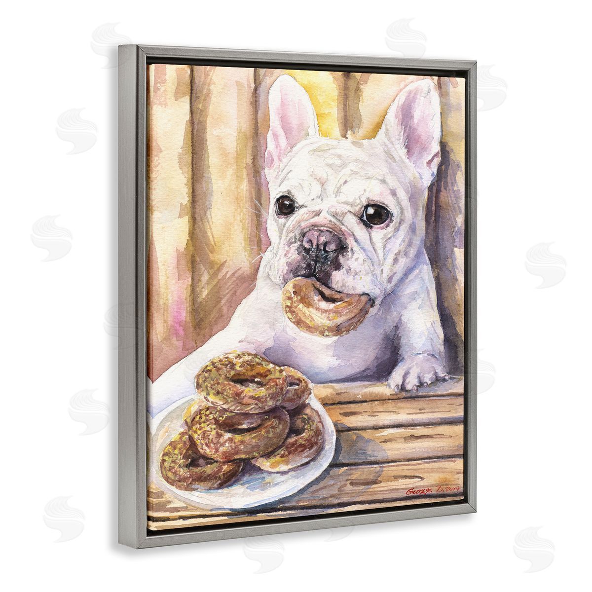 George Dyachenko French Bulldog with Donuts Dessert Pet Dog Gray Floater Frame Canvas Art