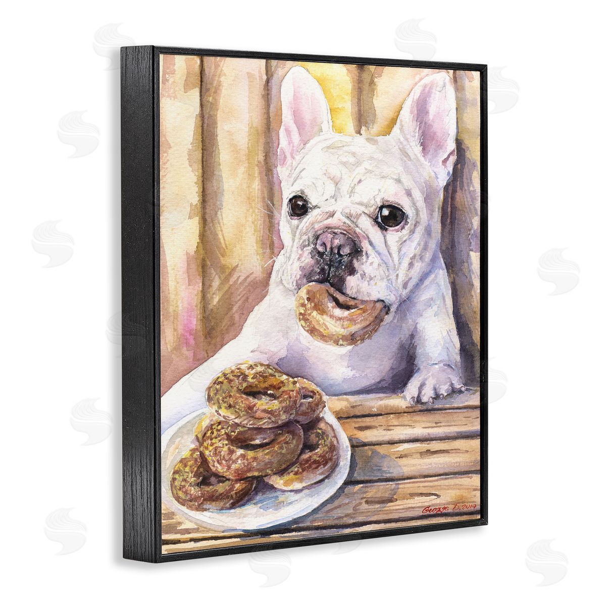 George Dyachenko French Bulldog with Donuts Dessert Pet Dog Black Framed Giclee Wall Art