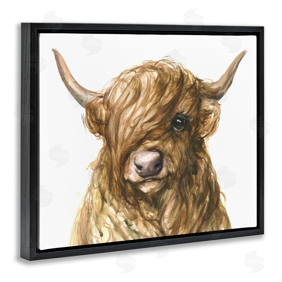 George Dyachenko Curly Hair Highland Cow Baby Cattle Portrait Black Floater Frame Canvas Art