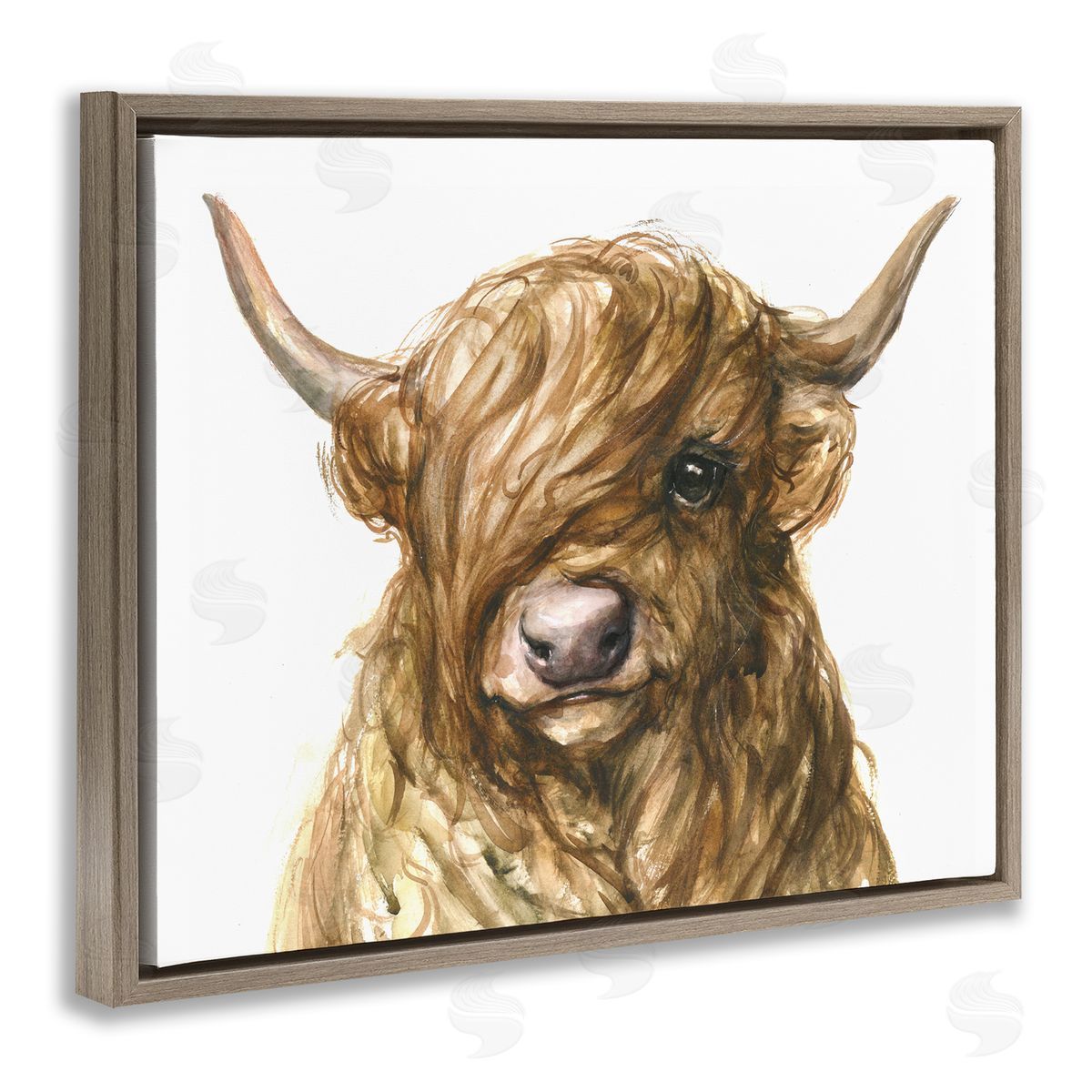 George Dyachenko Curly Hair Highland Cow Baby Cattle Portrait Brown Floater Frame Canvas Art