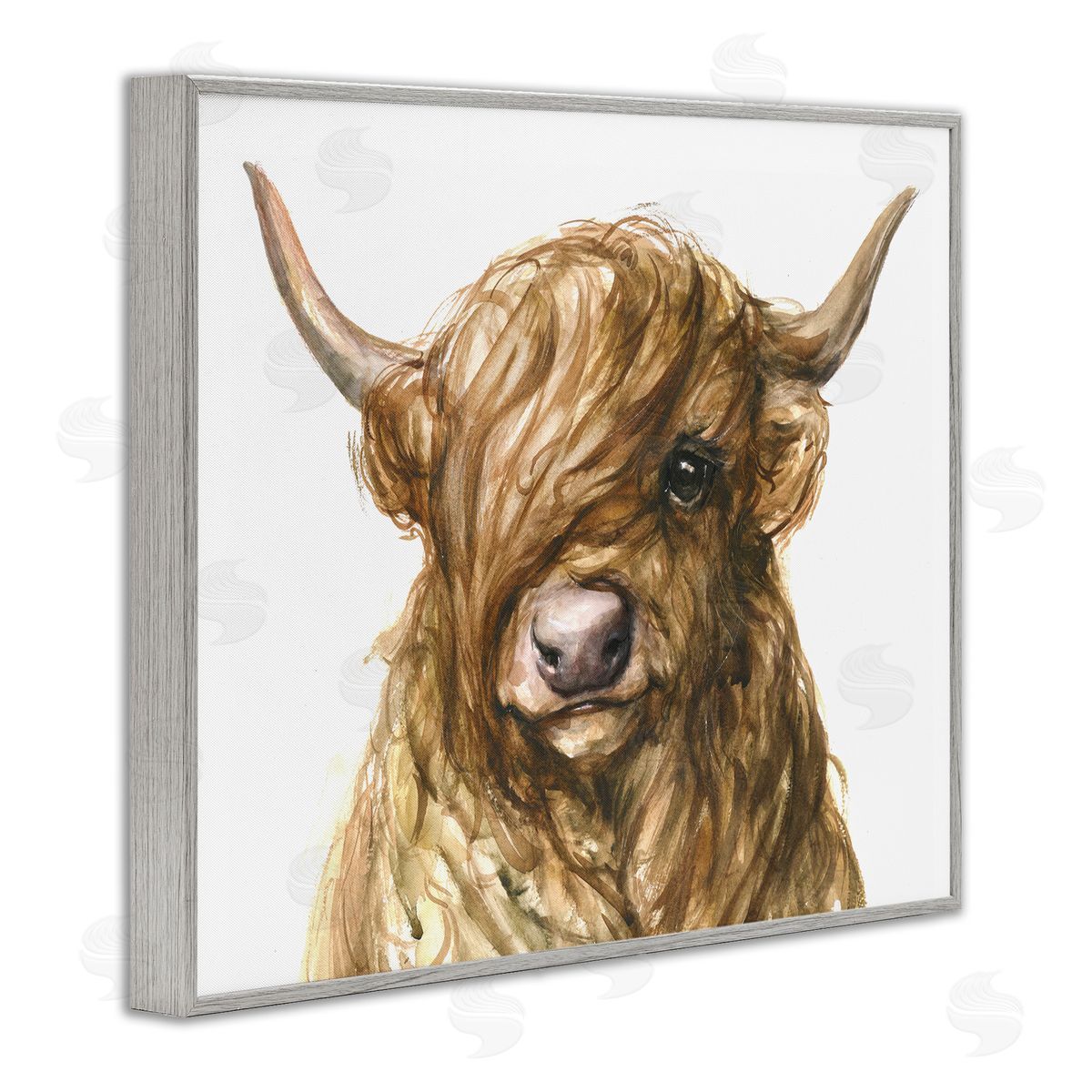 George Dyachenko Curly Hair Highland Cow Baby Cattle Portrait Gray Framed Giclee Wall Art