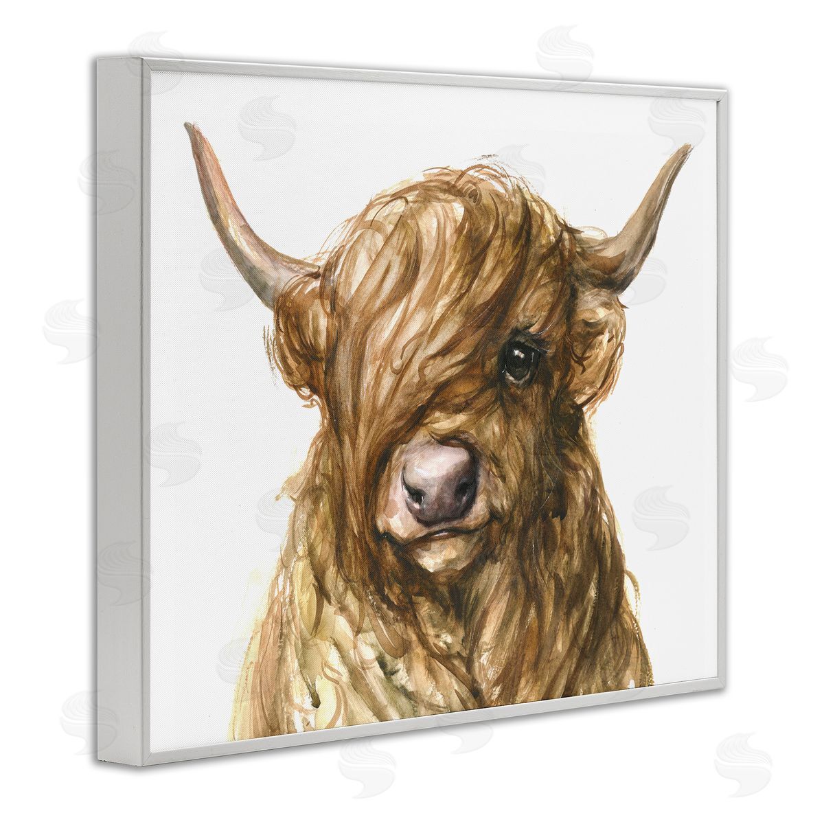 George Dyachenko Curly Hair Highland Cow Baby Cattle Portrait White Framed Giclee Wall Art