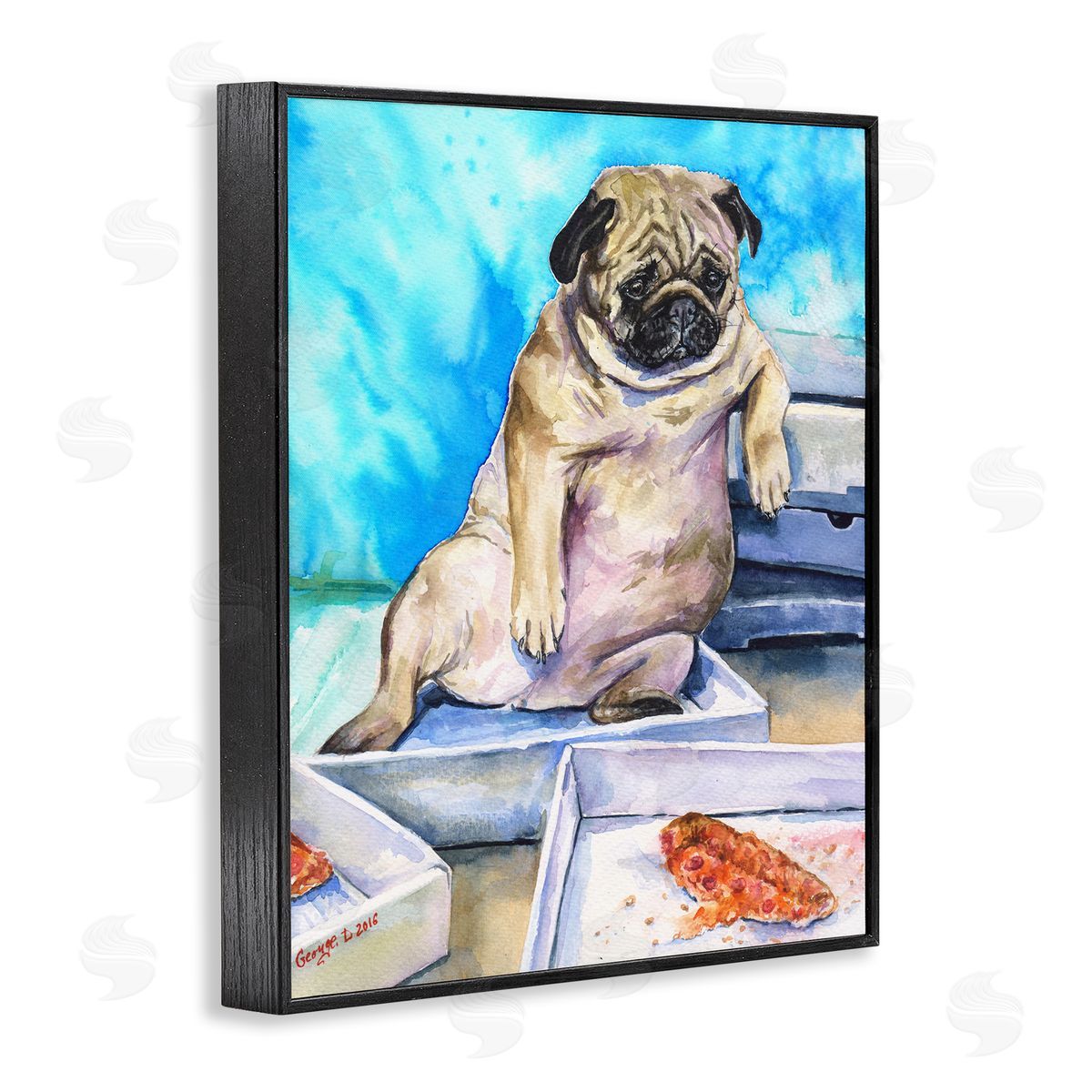 George Dyachenko Chubby Pug Dog with Pizza Boxes Pet Portrait Black Framed Giclee Wall Art