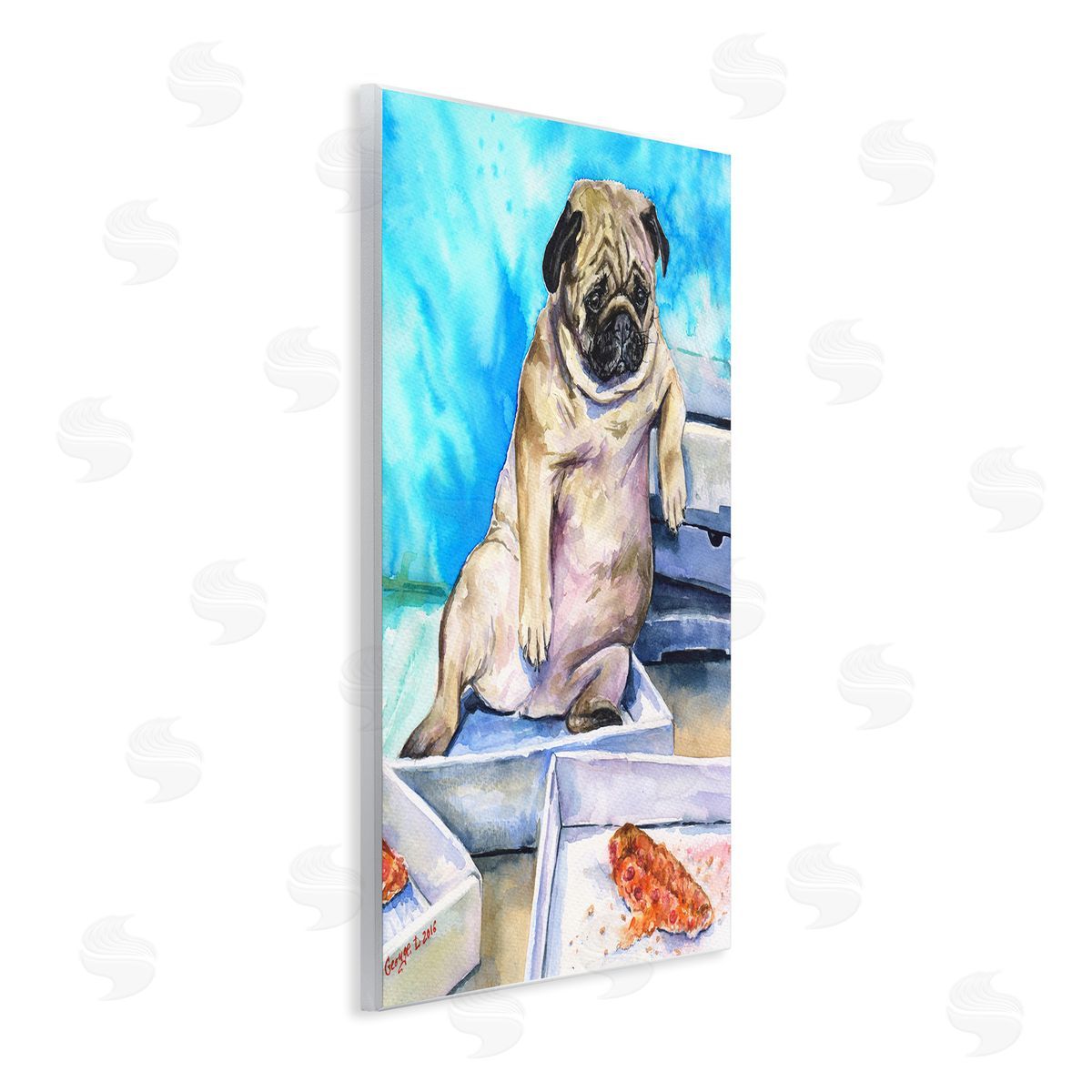 George Dyachenko Chubby Pug Dog with Pizza Boxes Pet Portrait Wall Plaque Art