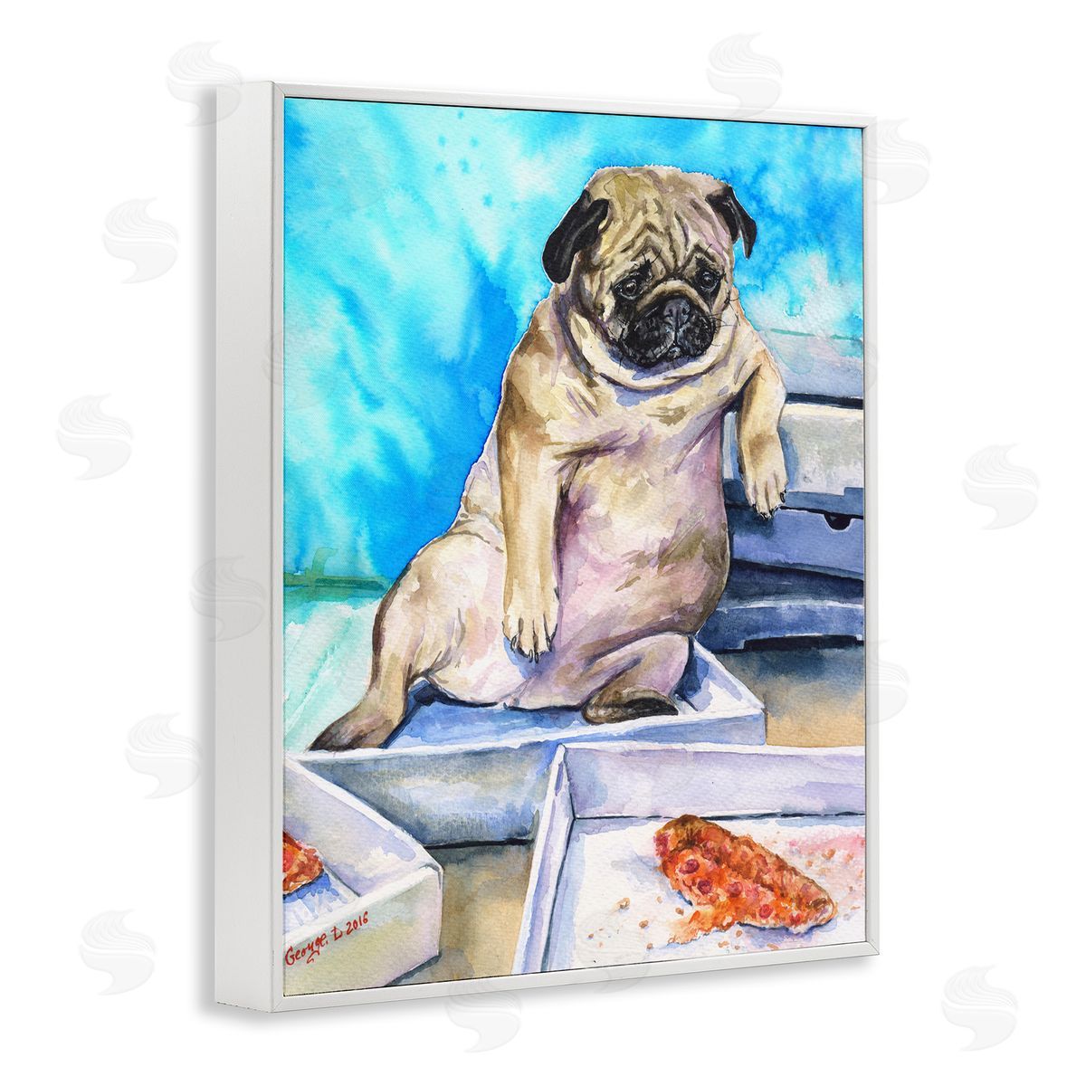 George Dyachenko Chubby Pug Dog with Pizza Boxes Pet Portrait White Framed Giclee Wall Art
