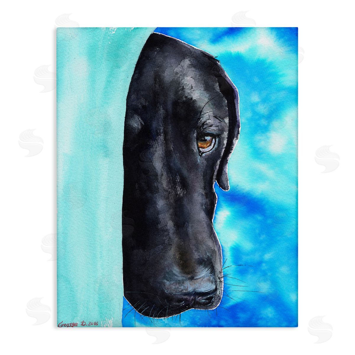 George Dyachenko Bashful Labrador Dog Portrait Vibrant Blue Canvas Wall Art