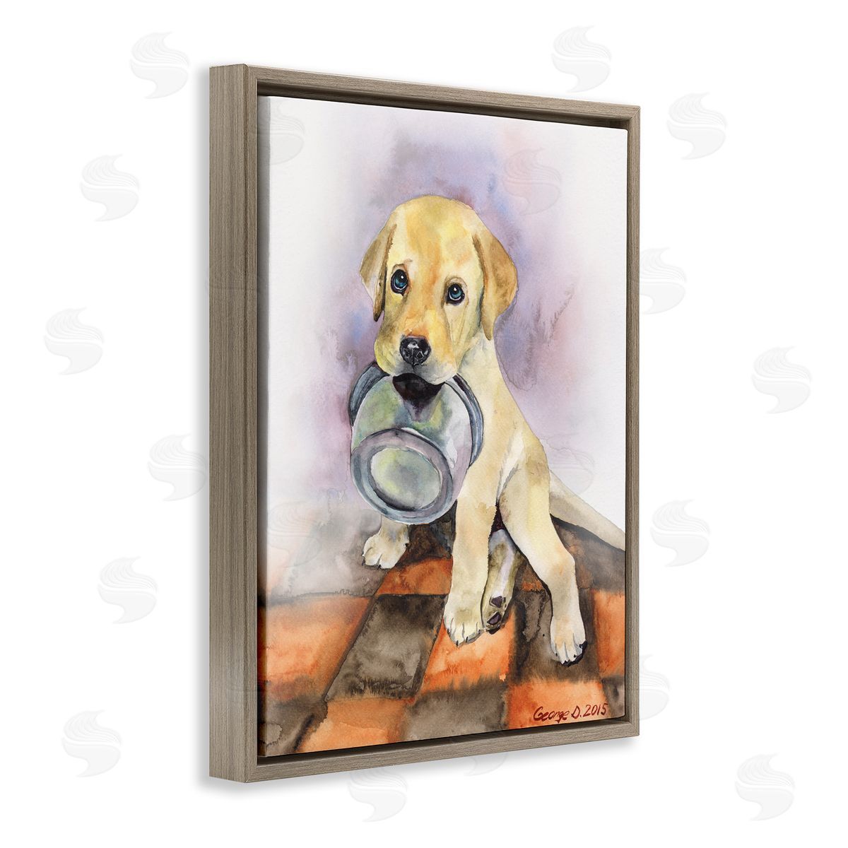George Dyachenko Hungry Labrador Puppy Dog Orange Tiles Brown Floater Frame Canvas Art