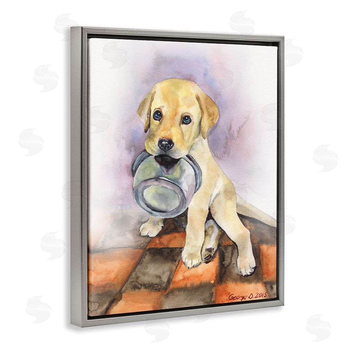George Dyachenko Hungry Labrador Puppy Dog Orange Tiles Gray Floater Frame Canvas Art