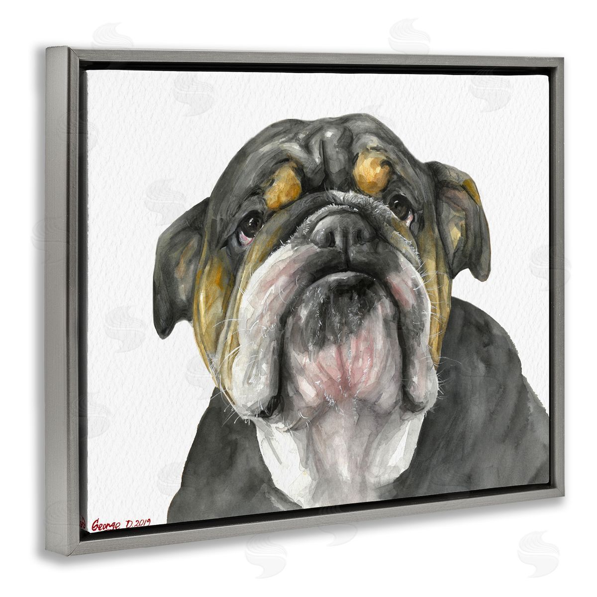 George Dyachenko Chubby Bulldog Portrait Old Dog Charm Black Brown Gray Floater Frame Canvas Art