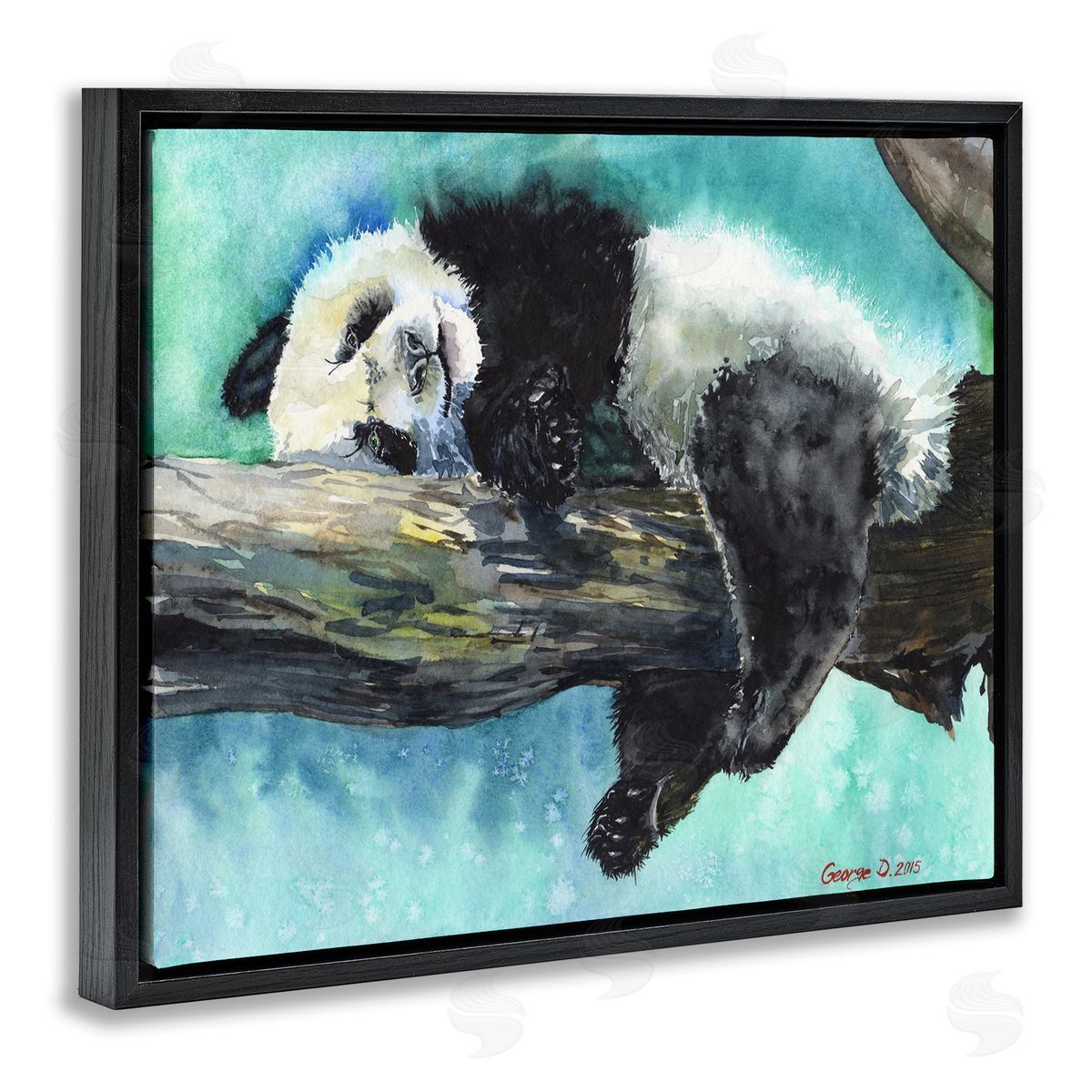 George Dyachenko Sleepy Baby Panda in Tree over Vibrant Blue Black Floater Frame Canvas Art