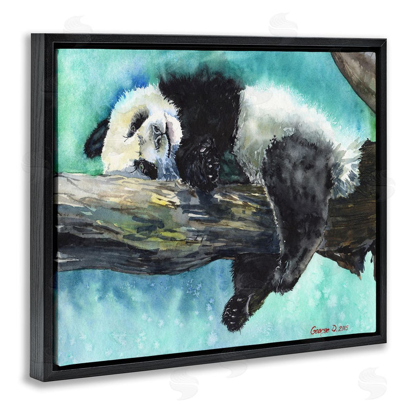 George Dyachenko | Sleepy Baby Panda in Tree over Vibrant Blue