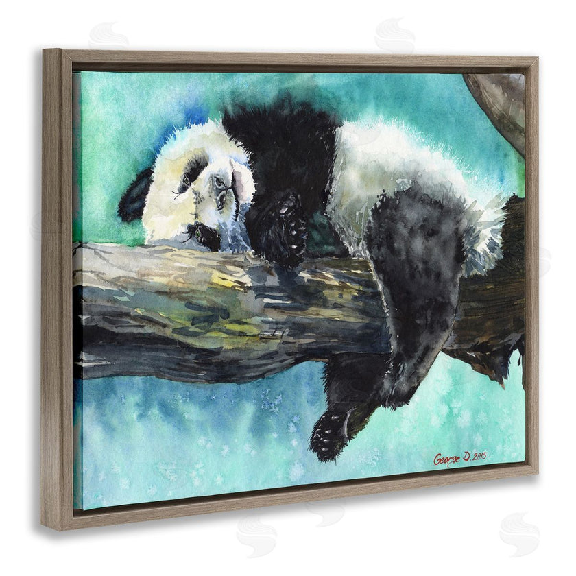 George Dyachenko | Sleepy Baby Panda in Tree over Vibrant Blue