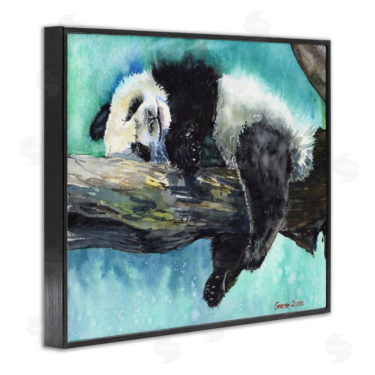 George Dyachenko Sleepy Baby Panda in Tree over Vibrant Blue Black Framed Giclee Wall Art