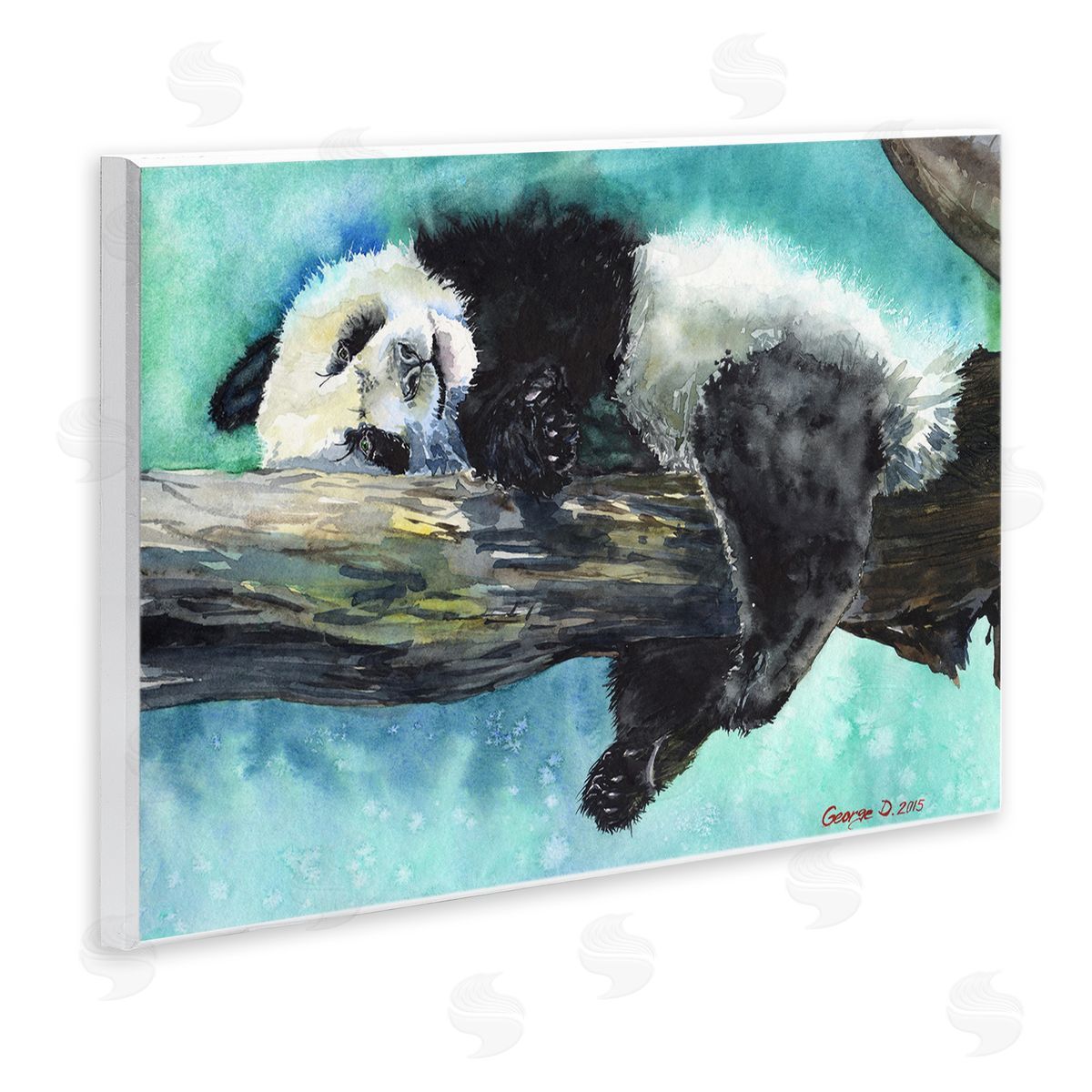 George Dyachenko Sleepy Baby Panda in Tree over Vibrant Blue Wall Plaque Art