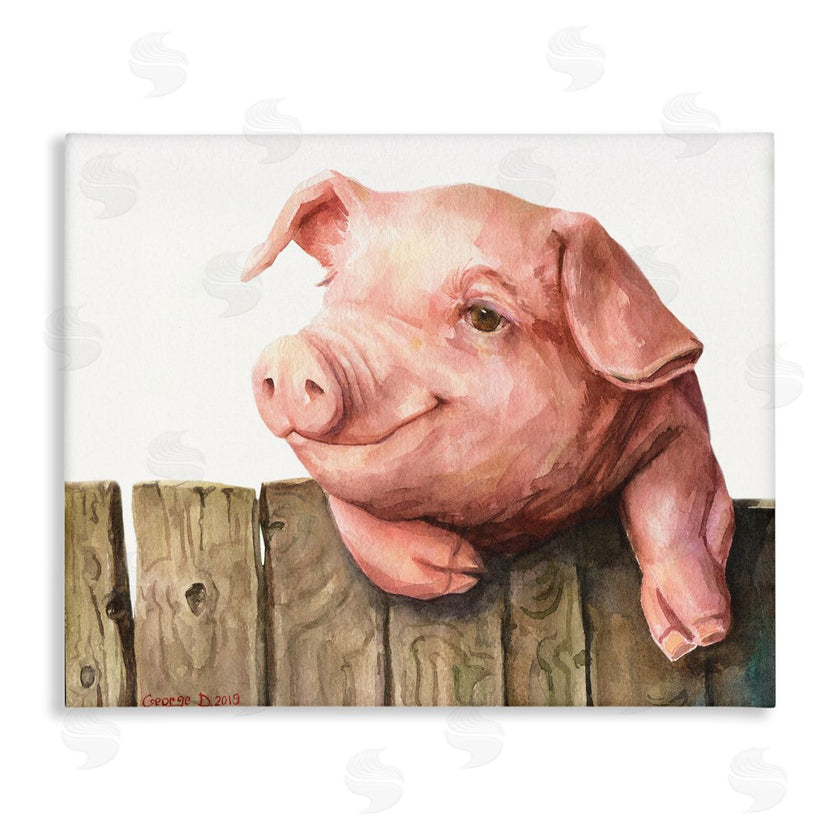 George Dyachenko | Piglet on Wooden Fence Pink Farm Animal