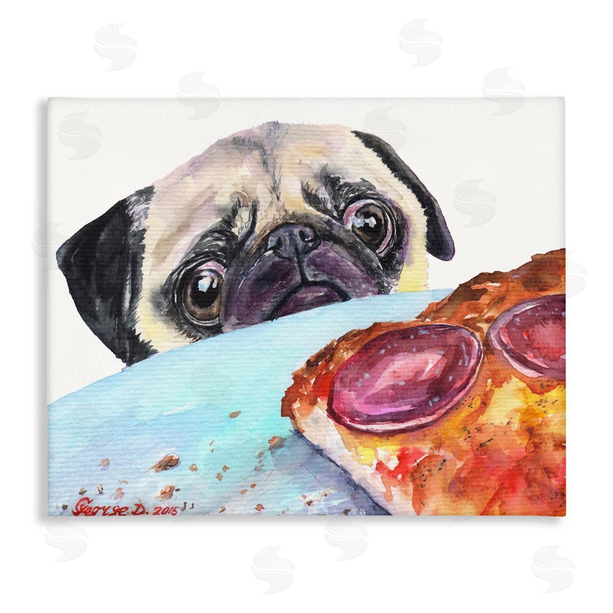 George Dyachenko Hungry Pug and Pizza Humorous Pet Dog Portrait Canvas Wall Art