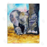 George Dyachenko | Baby Elephant at Feet Portrait Vibrant Blue Yellow