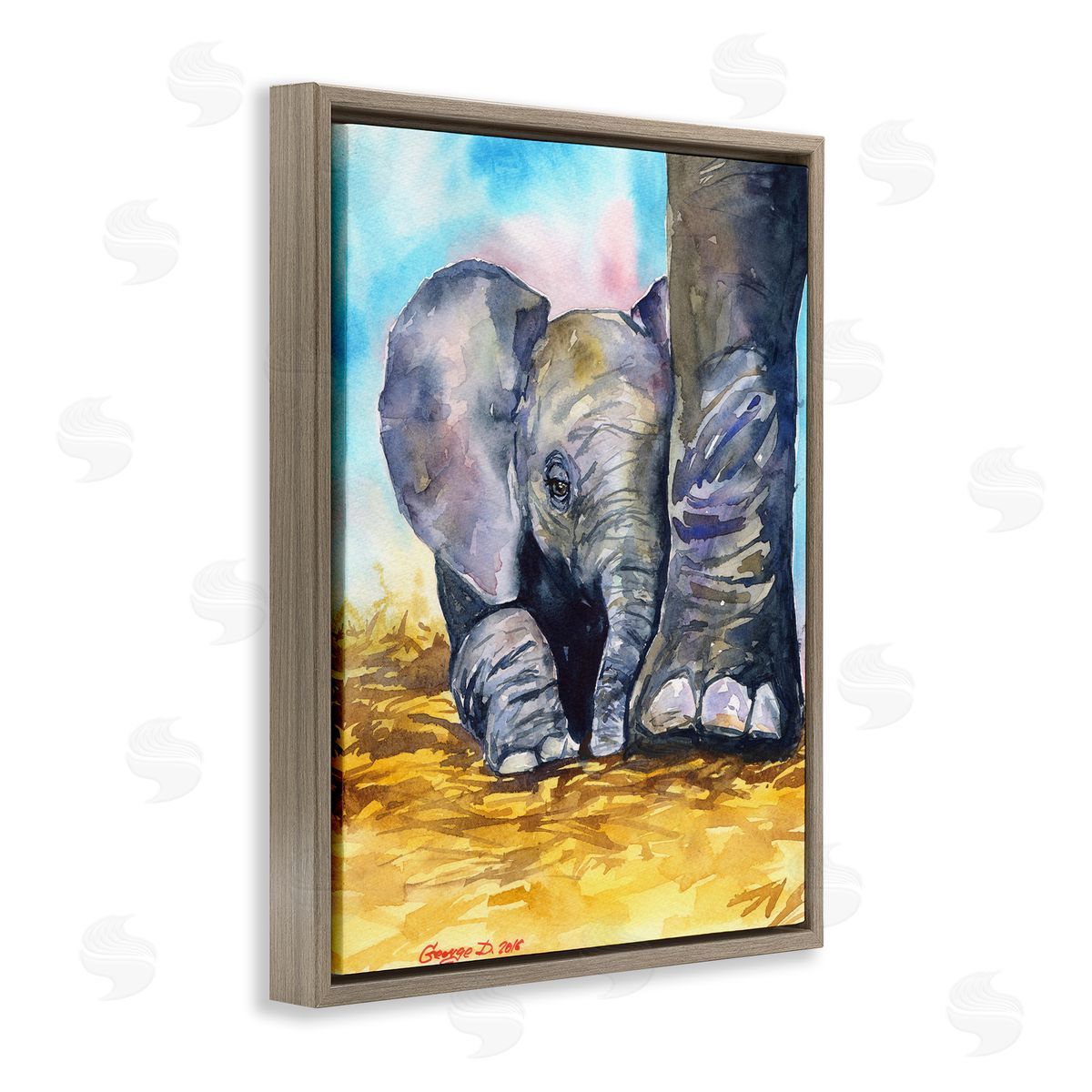 George Dyachenko Baby Elephant at Feet Portrait Vibrant Blue Yellow Brown Floater Frame Canvas Art