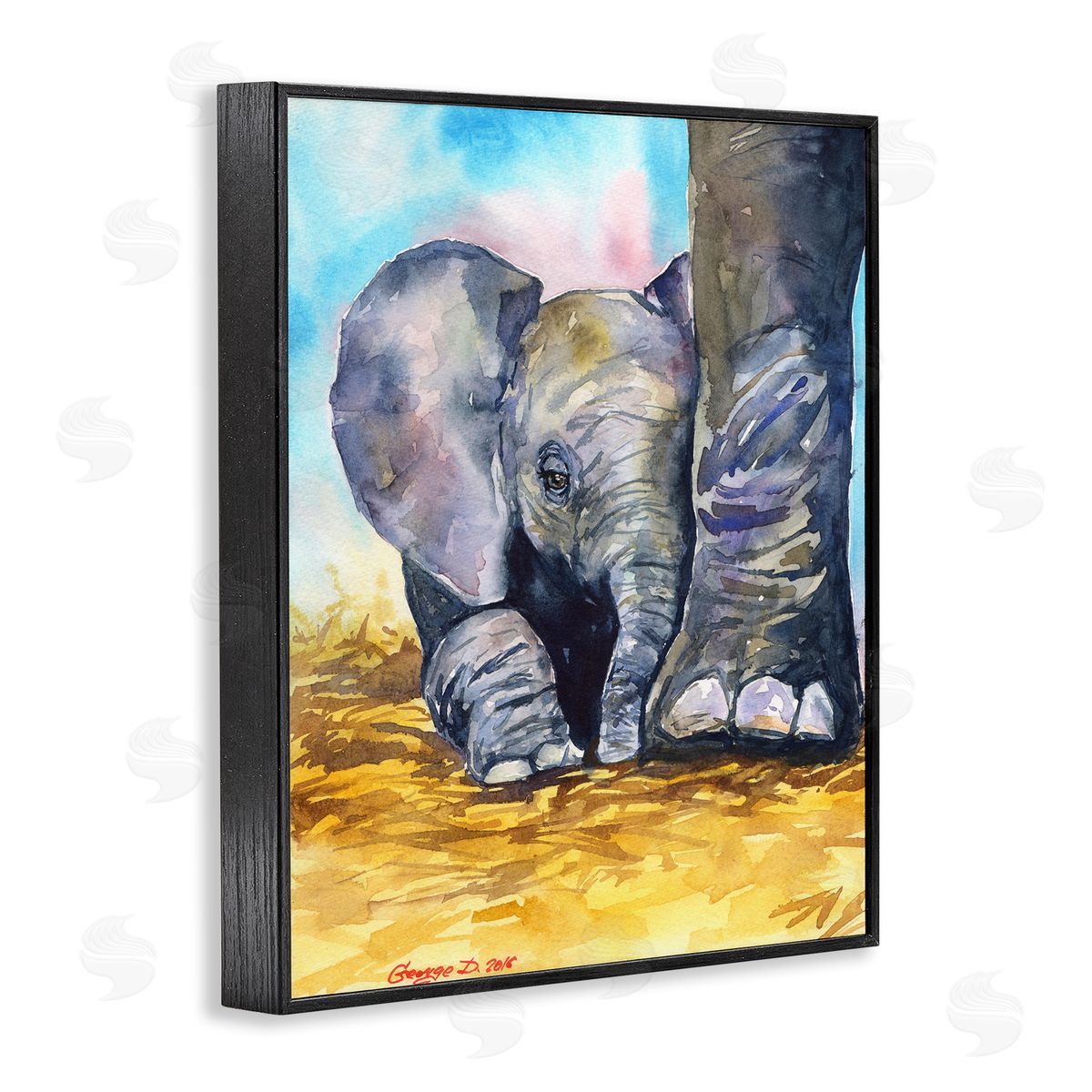 George Dyachenko Baby Elephant at Feet Portrait Vibrant Blue Yellow Black Framed Giclee Wall Art