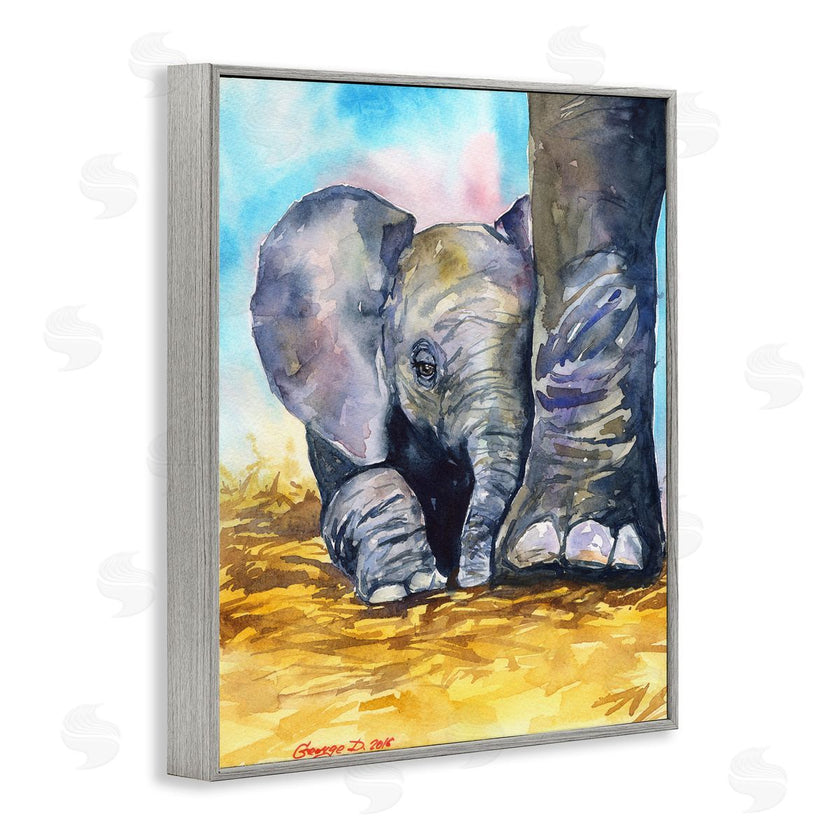George Dyachenko | Baby Elephant at Feet Portrait Vibrant Blue Yellow
