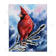George Dyachenko | Red Cardinal Perched on Pine Branch over Blue