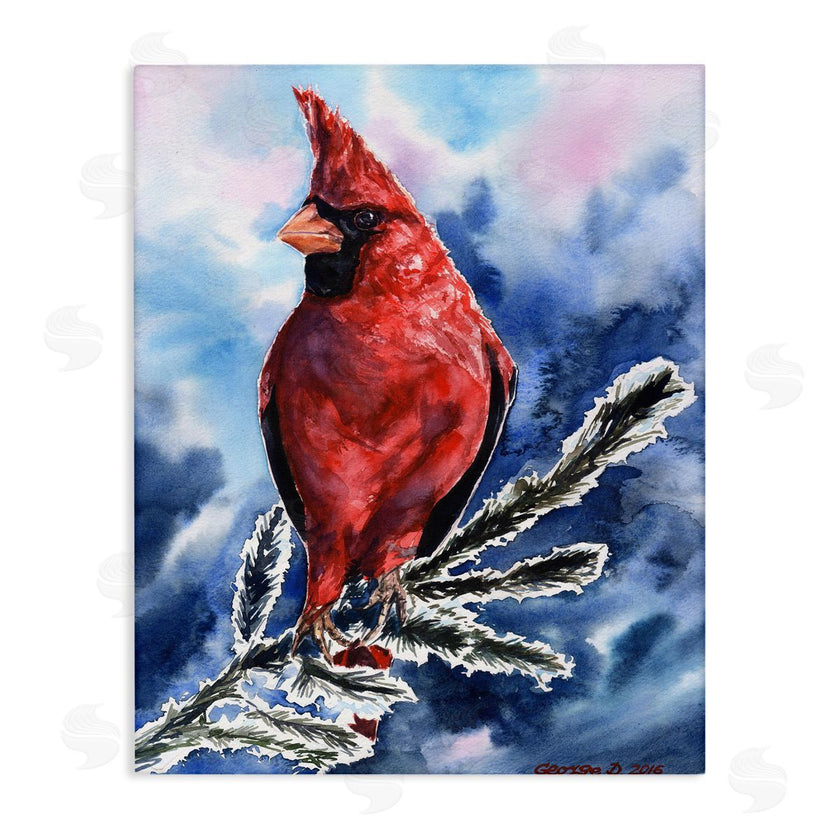 George Dyachenko | Red Cardinal Perched on Pine Branch over Blue