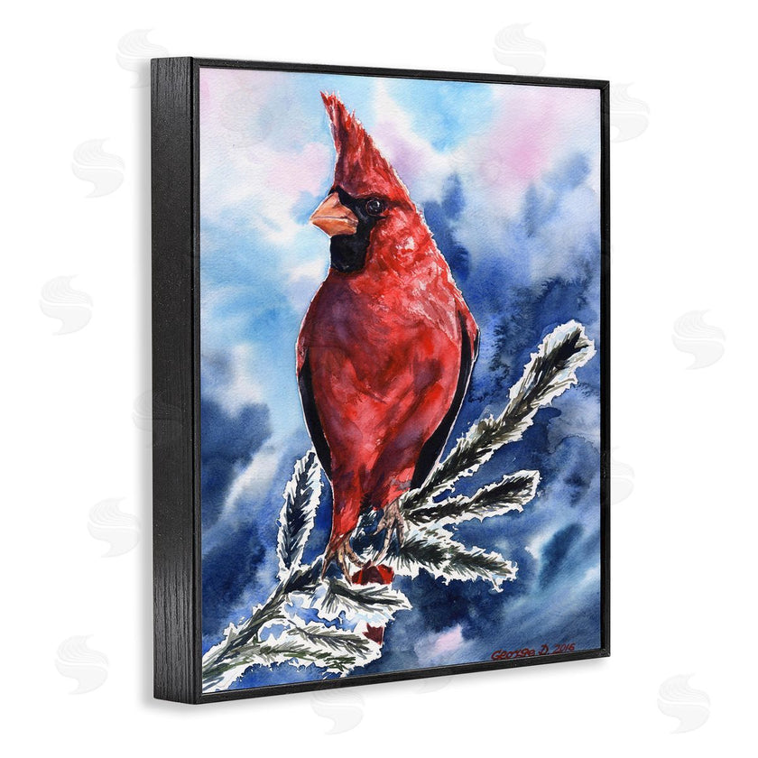 George Dyachenko | Red Cardinal Perched on Pine Branch over Blue