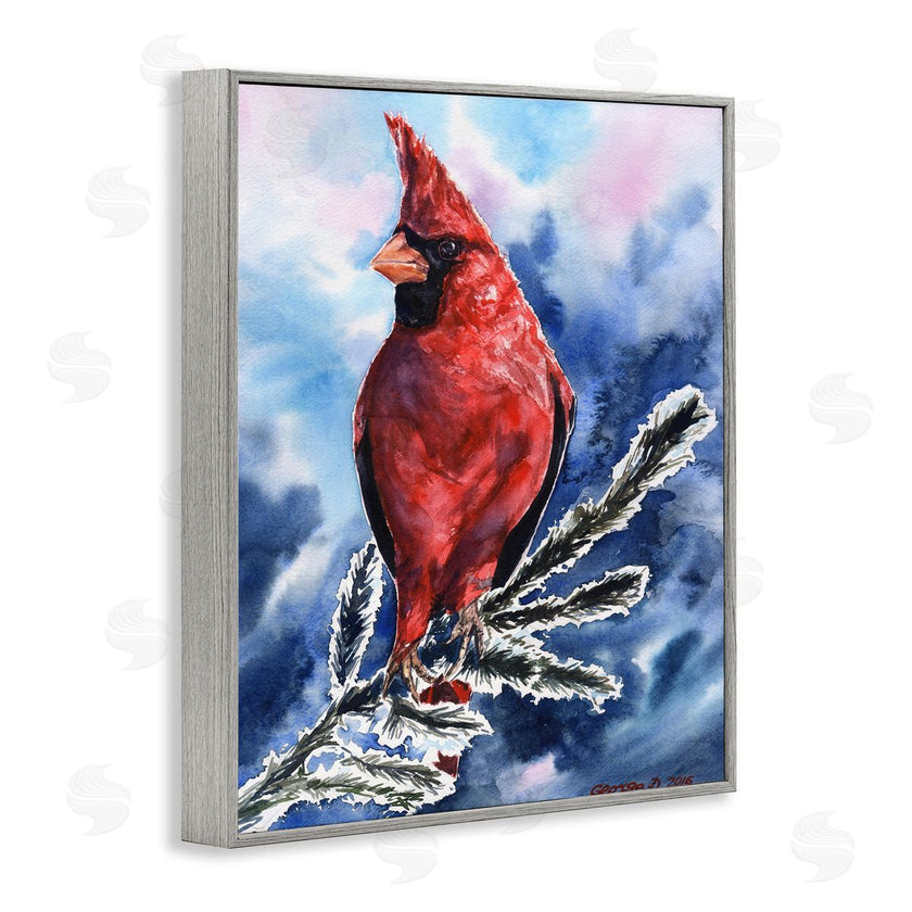 George Dyachenko | Red Cardinal Perched on Pine Branch over Blue