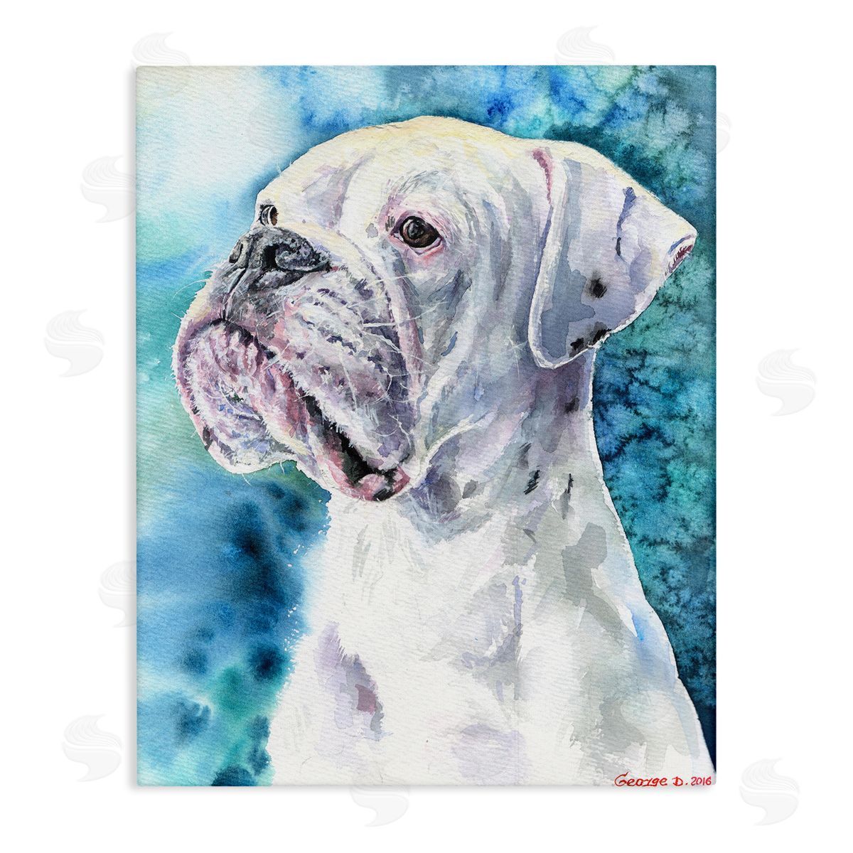 George Dyachenko White Boxer Gaze Pet Dog over Blue Canvas Wall Art