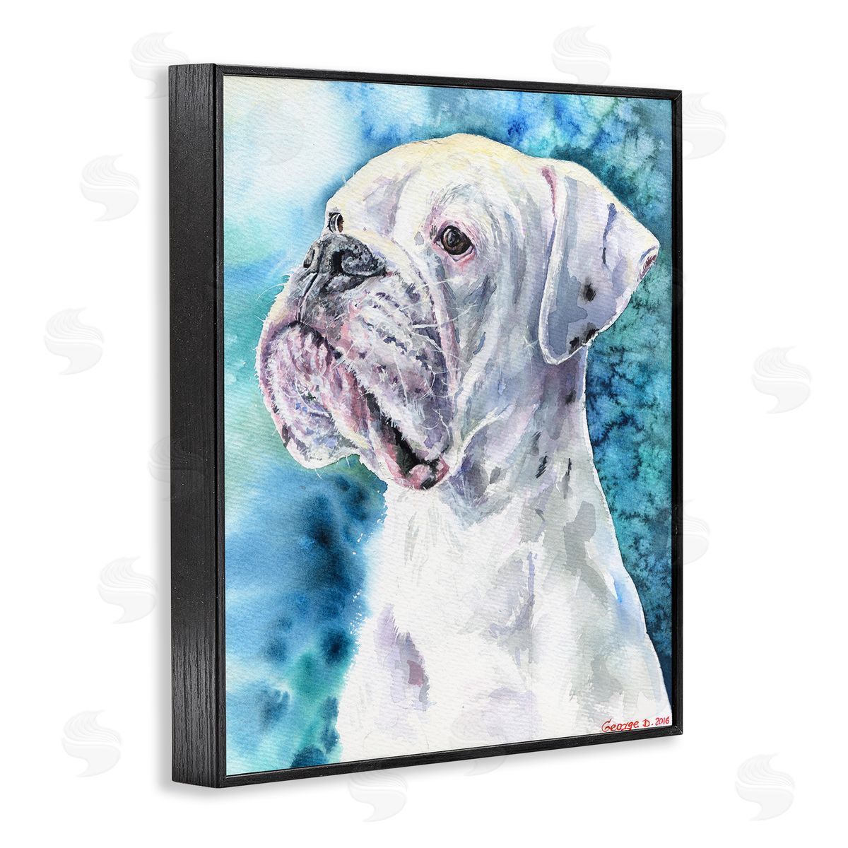 George Dyachenko White Boxer Gaze Pet Dog over Blue Black Framed Giclee Wall Art