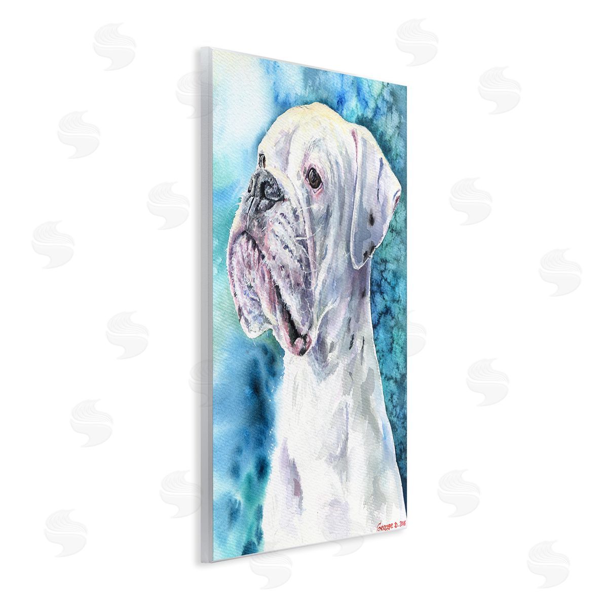George Dyachenko White Boxer Gaze Pet Dog over Blue Wall Plaque Art