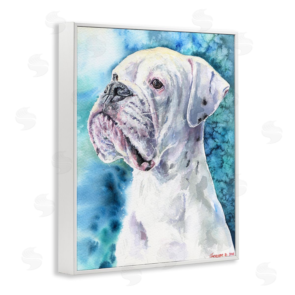George Dyachenko White Boxer Gaze Pet Dog over Blue White Framed Giclee Wall Art