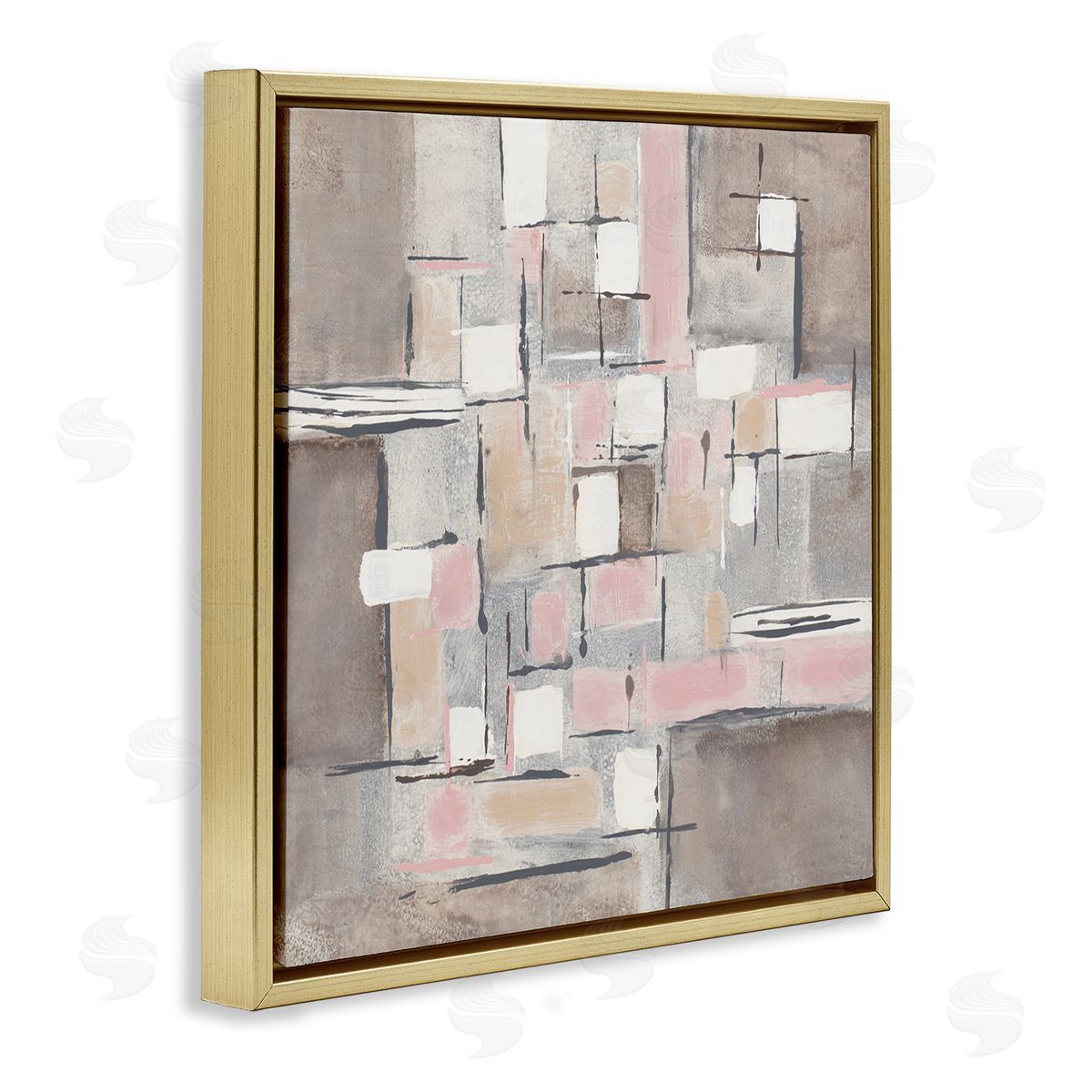 Merri Pattinian Pink Brown Patchwork Abstract Geometric Grid Gold Floater Frame Canvas Art