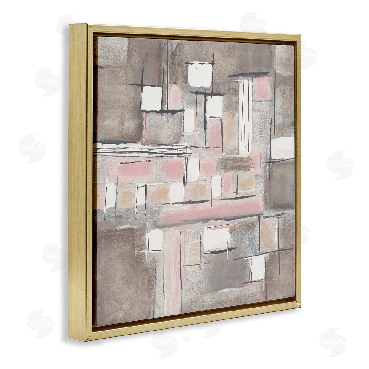 Merri Pattinian Soft Pink Neutral Abstract Patchwork Geometric Pattern Gold Floater Frame Canvas Art