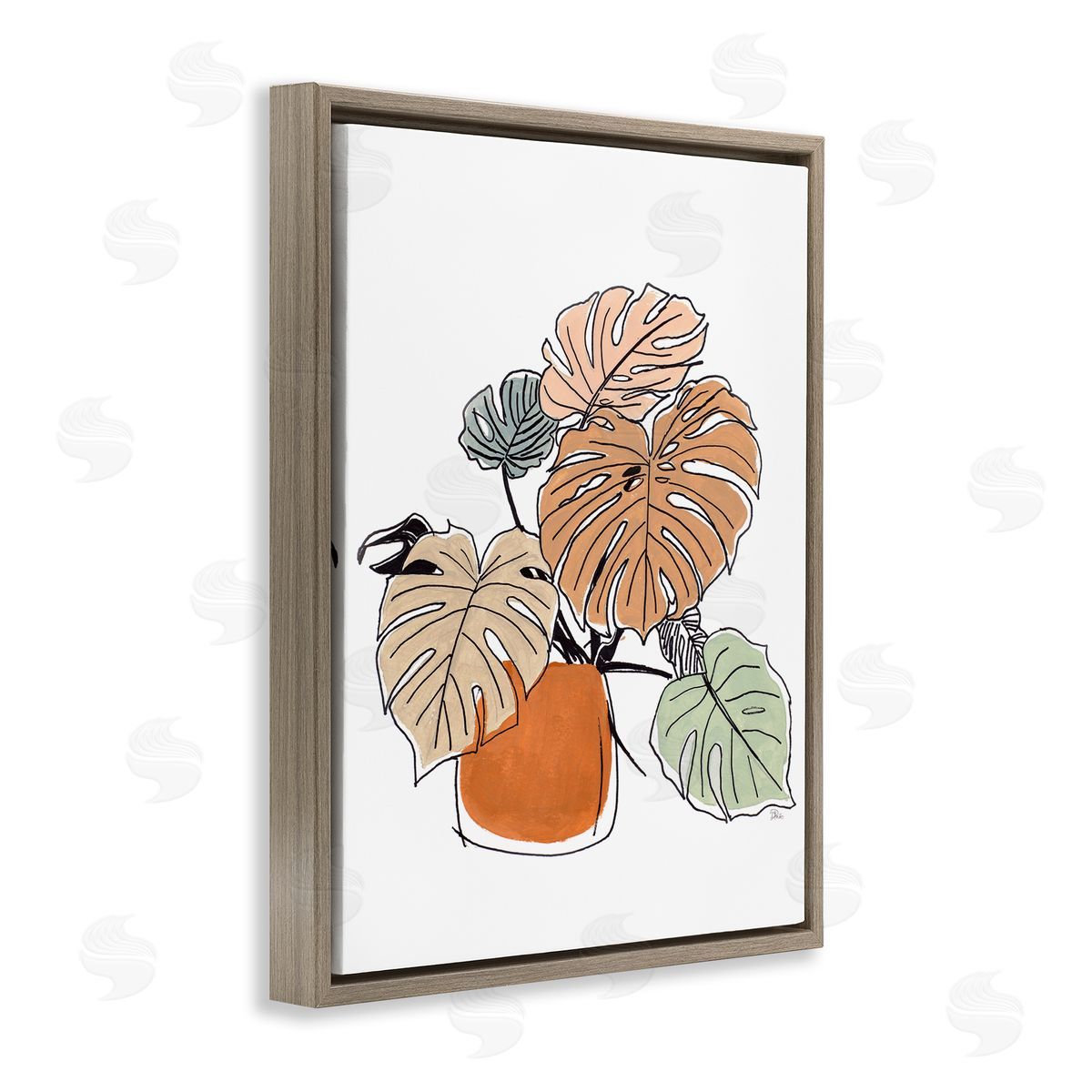 Patricia Pinto Playful Monstera Leaves Tropical House Plant Brown Floater Frame Canvas Art
